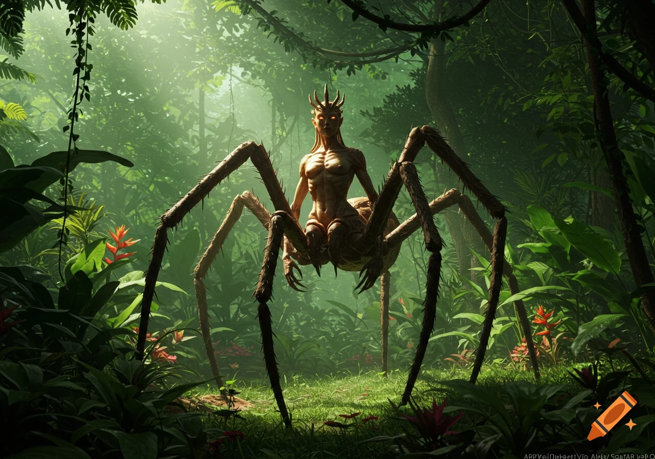 A photorealistic fantasy creature, half human, half spider, stands in a lush, sun-dappled jungle.