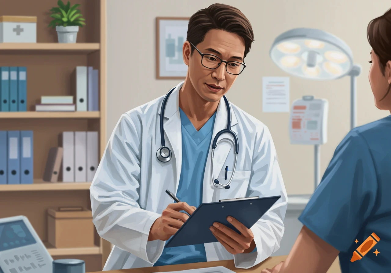 A male doctor in a white lab coat and stethoscope writes on a clipboard, facing a patient in a medical office.