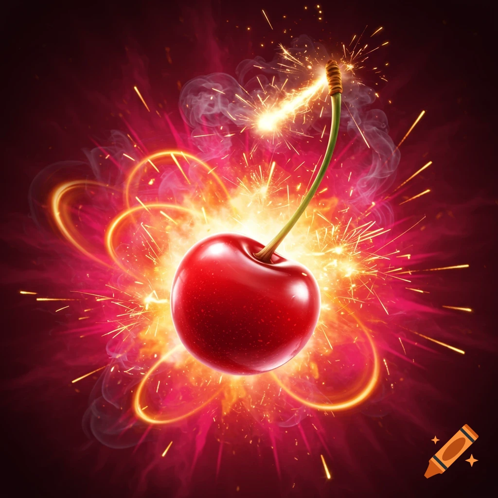 Photorealistic red cherry with a burning fuse, surrounded by fiery sparks and glowing light on a dark background.