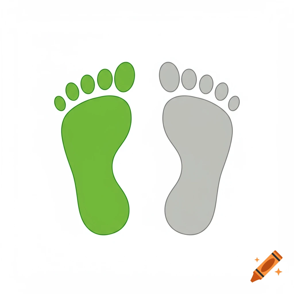 A simple illustration of two footprints, the left one green and the right one gray, on a white background.