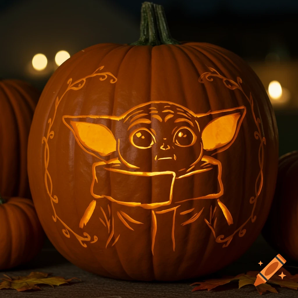 A photorealistic carved pumpkin glowing with an illuminated Baby Yoda (Grogu) face, surrounded by autumn leaves in a dark setting.
