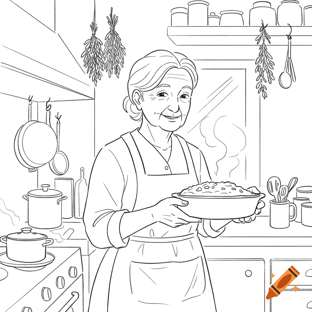 Line drawing of a smiling older lady in an apron holding a steaming casserole dish in a kitchen.