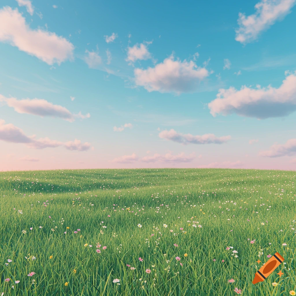 A lush green field dotted with small pink, white, and yellow wildflowers under a bright blue sky with fluffy white clouds, photorealistic.