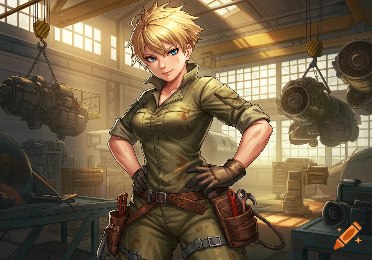 Anime-style short-haired blonde woman in a dirty mechanic's jumpsuit, standing confidently in a workshop with machinery.