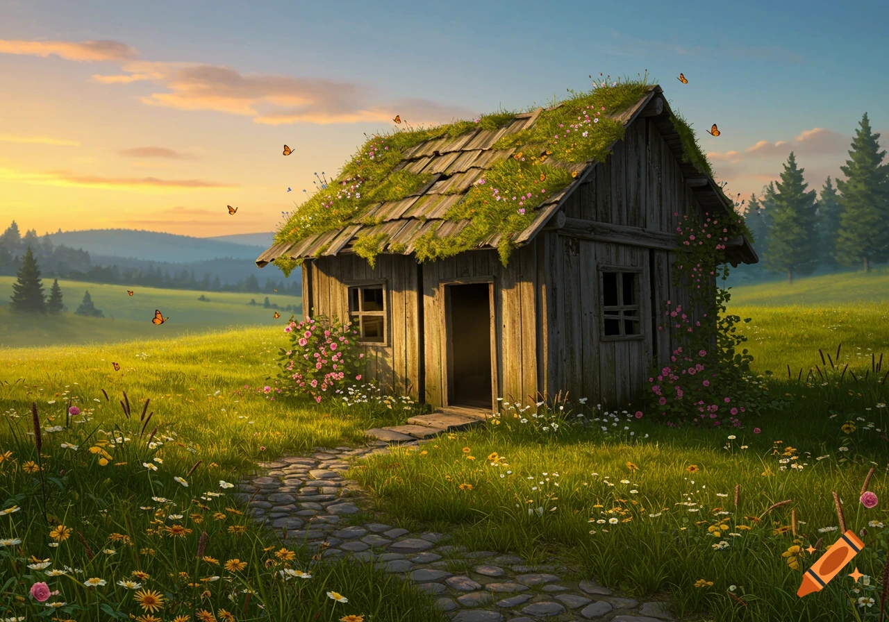 A rustic wooden shack with a mossy roof stands in a vibrant wildflower meadow under a sunset sky, with butterflies.