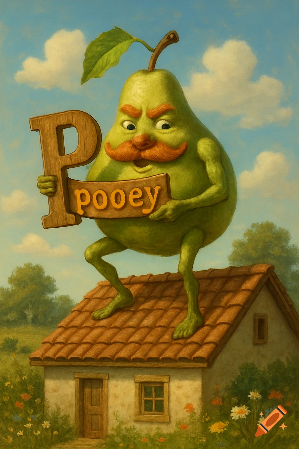 A stylized green pear with a ginger mustache, arms, and legs stands on a house roof, holding signs that read "P" and "pooey".