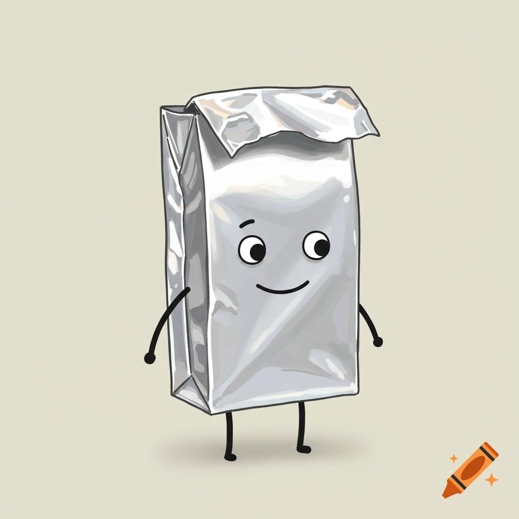 Cartoon illustration of a smiling anthropomorphic silver aluminum foil box with arms and legs.