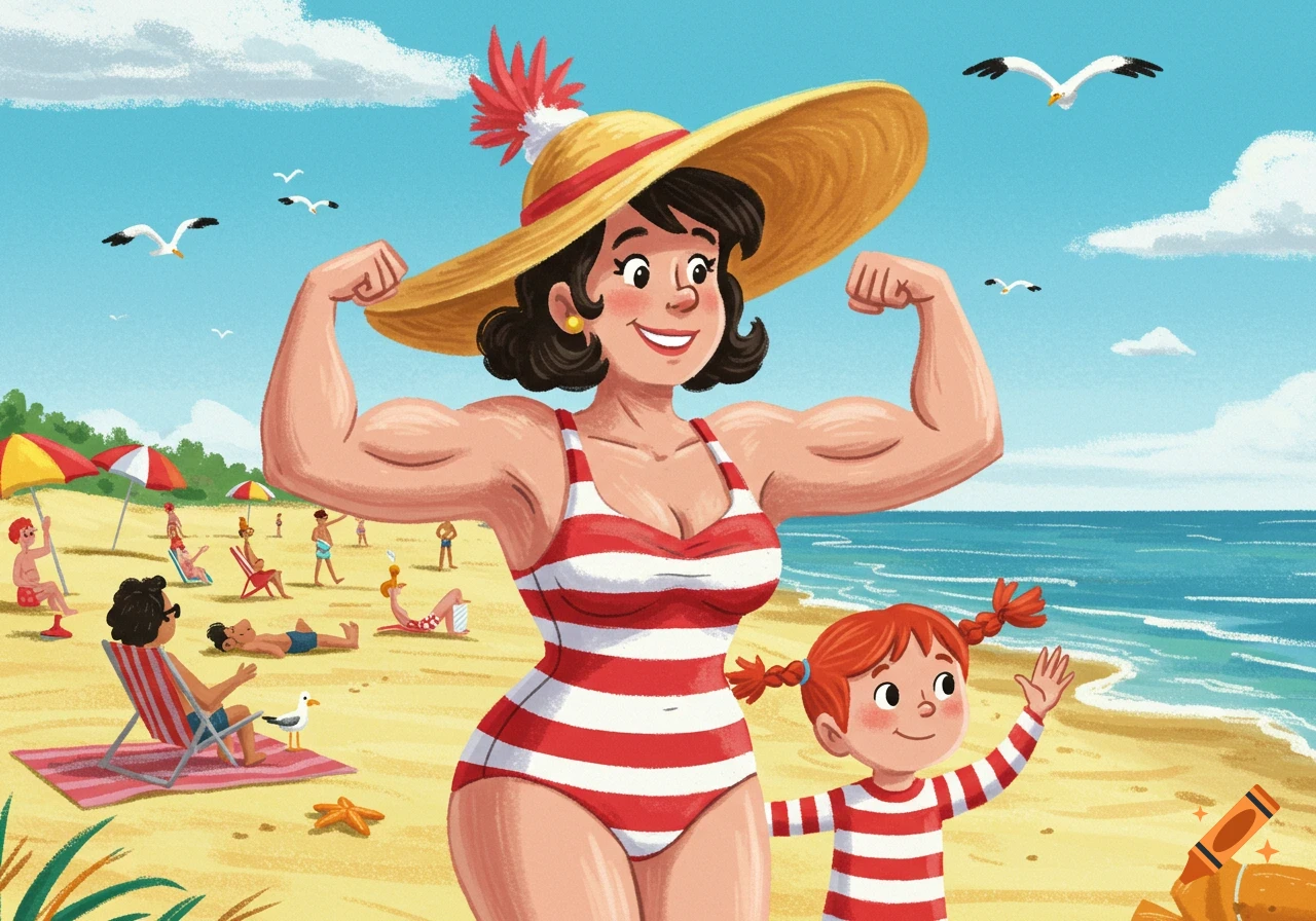 Cartoon woman in striped swimsuit flexing muscles with a child at a sunny beach.