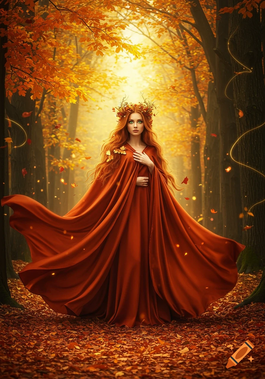 A red-haired woman with a leafy crown and flowing red gown stands in an autumn forest with golden light and falling leaves.