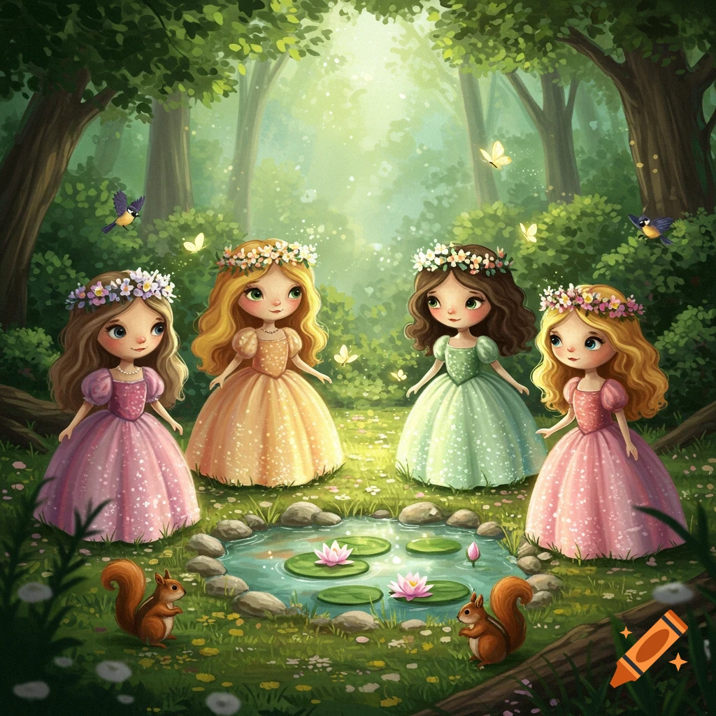 Four cartoon princesses in colorful dresses with flower crowns stand around a lily pond with squirrels in a whimsical forest.