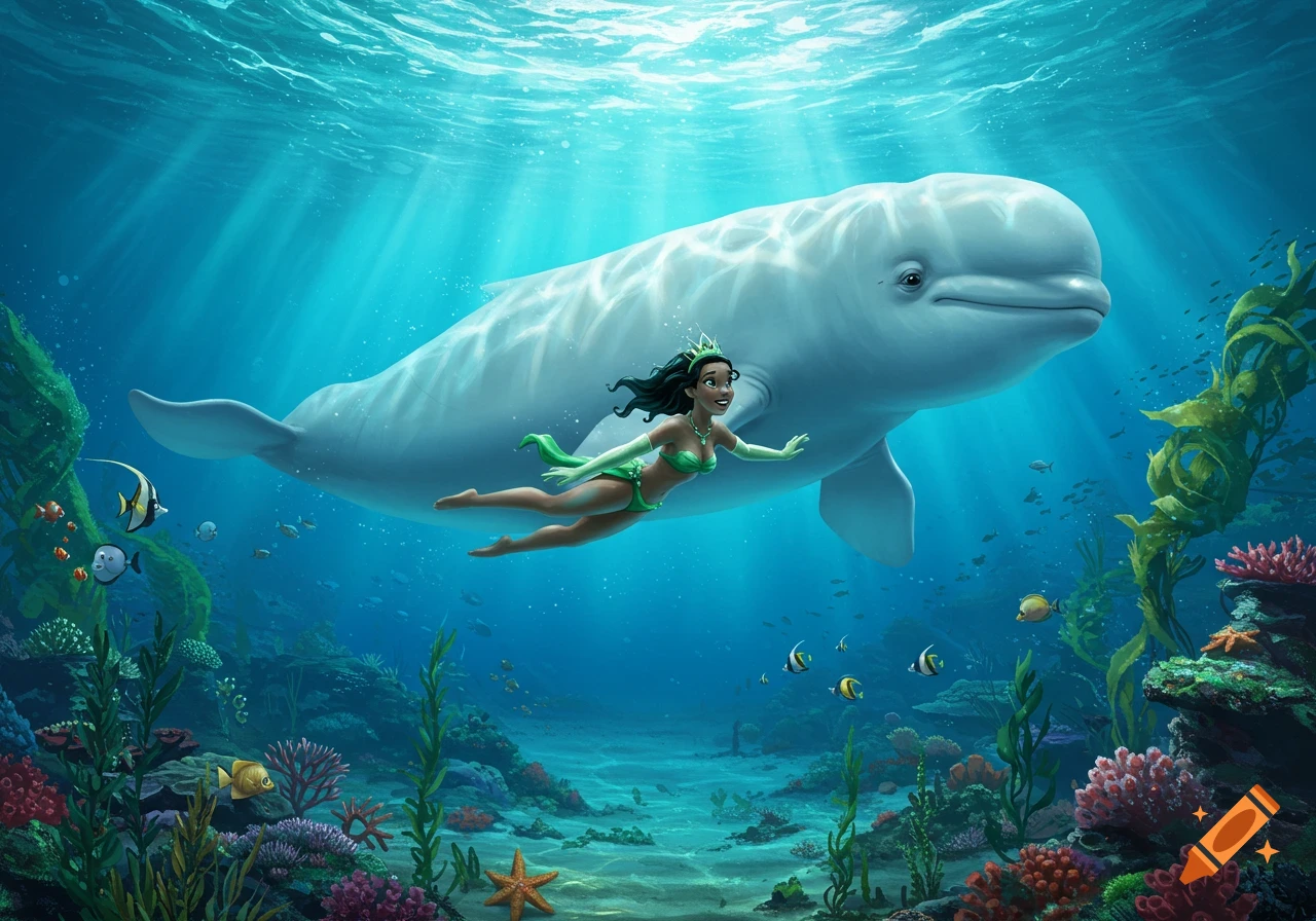 Princess Tiana in a green bikini swims underwater with a large white beluga whale surrounded by colorful coral and fish.