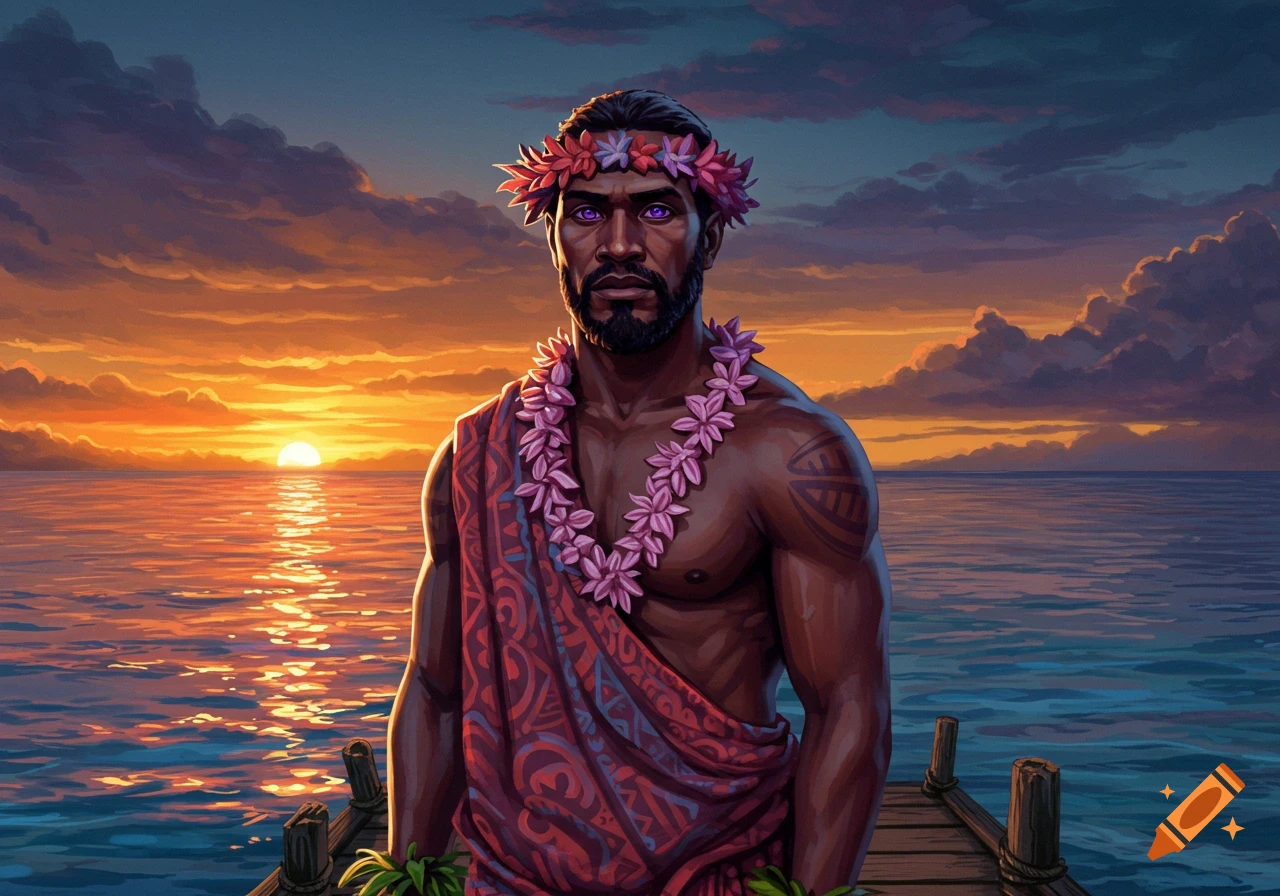 Illustrative portrait of a bearded Pacific Islander man with purple eyes, wearing a lei and lavalava, on a dock at sunset.