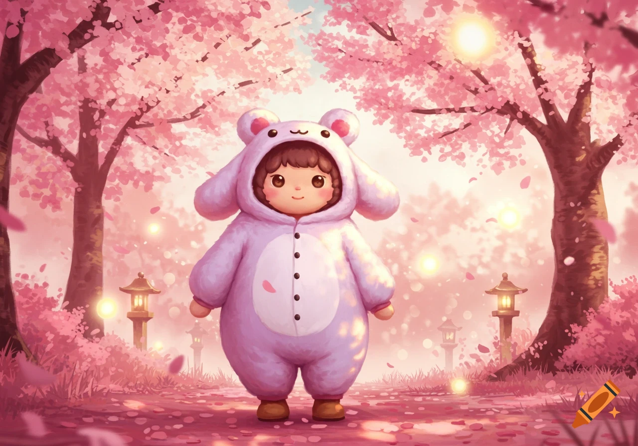 A cute child in a light purple animal costume stands under pink cherry blossom trees with glowing lanterns, in an anime style.