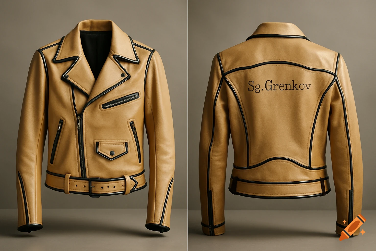 A blonde leather biker jacket with black accents, shown front and back views, with the name 'Sg. Grenkov' on the back.