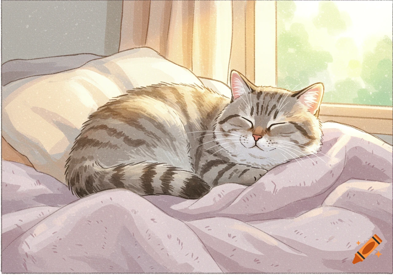 A cute striped tabby cat sleeps peacefully on a light pillow and pink blanket by a window, bathed in soft sunlight.