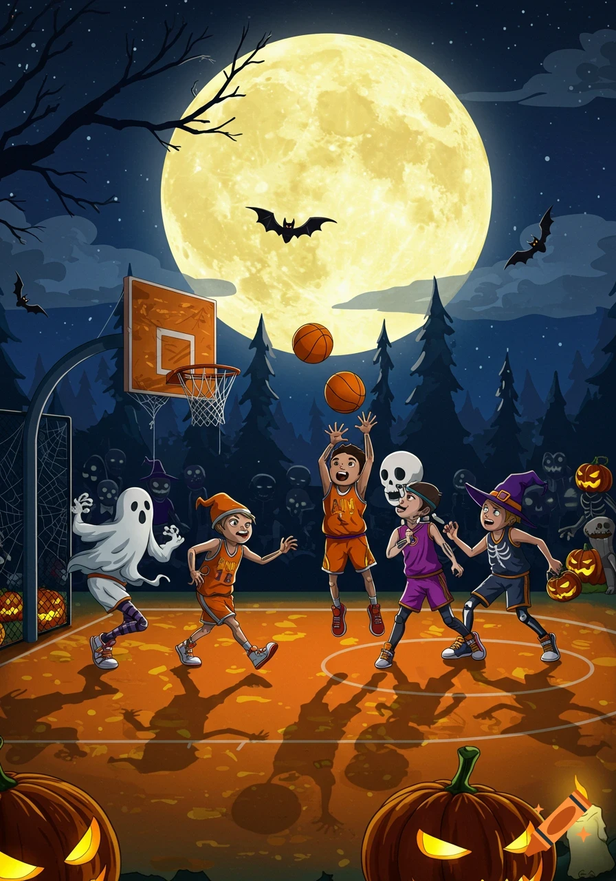 Cartoon illustration of kids in Halloween costumes playing basketball on an outdoor court at night under a full moon, with bats flying and spooky figures in the background.