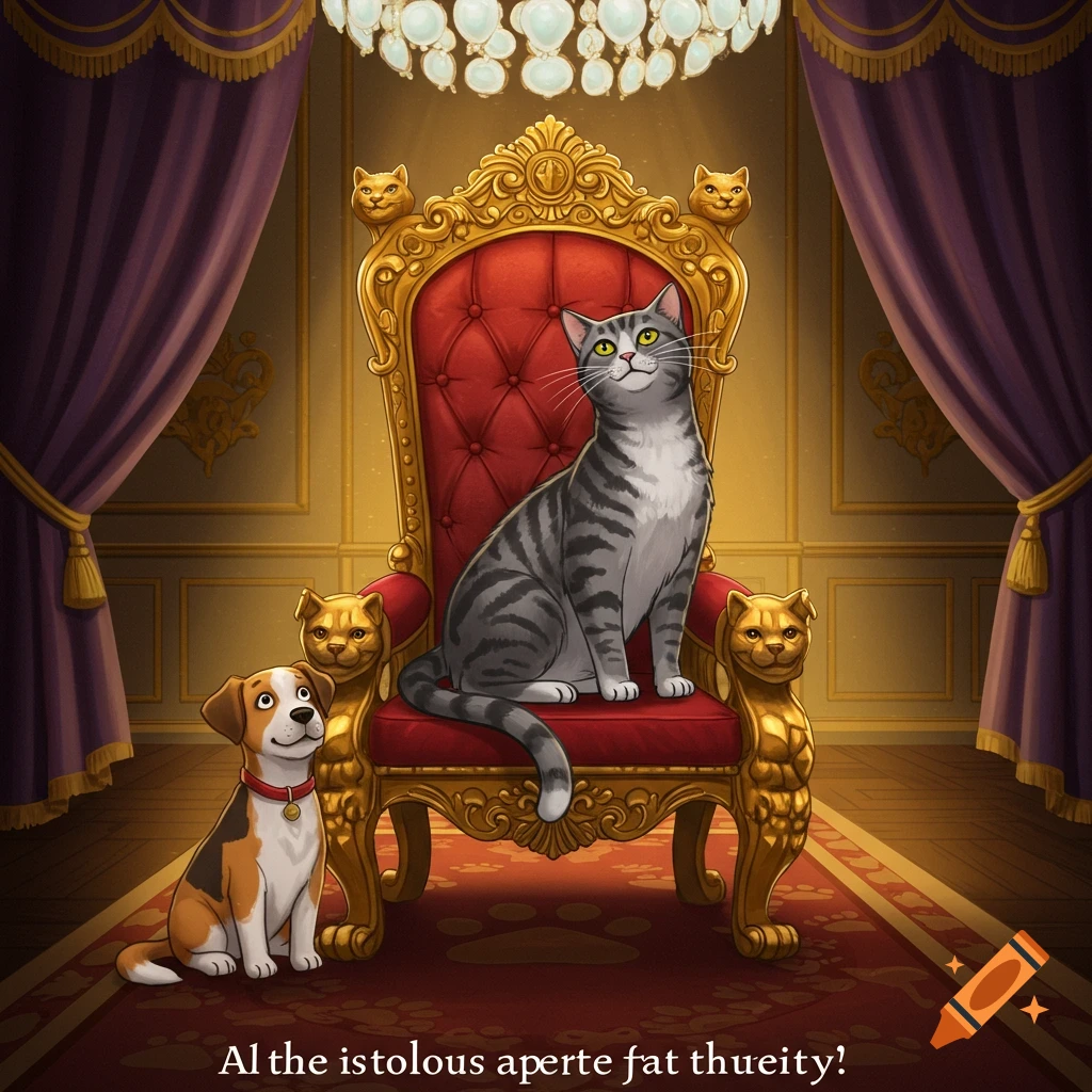 A regal gray tabby cat sits on a golden throne in a lavish room, with a small beagle puppy sitting on the floor beside it.