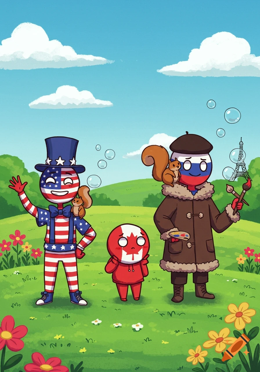 Cartoon country characters of USA, Canada, and Russia in a park. USA waves, Canada is shy, Russia paints with a squirrel and Eiffel Tower bubble.
