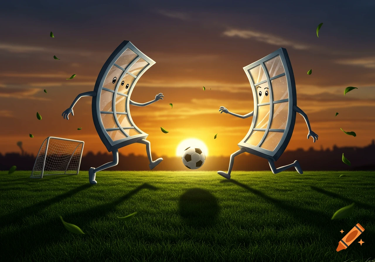 Two anthropomorphic cartoon windows with faces play soccer on a green field at sunset, a goal behind them.