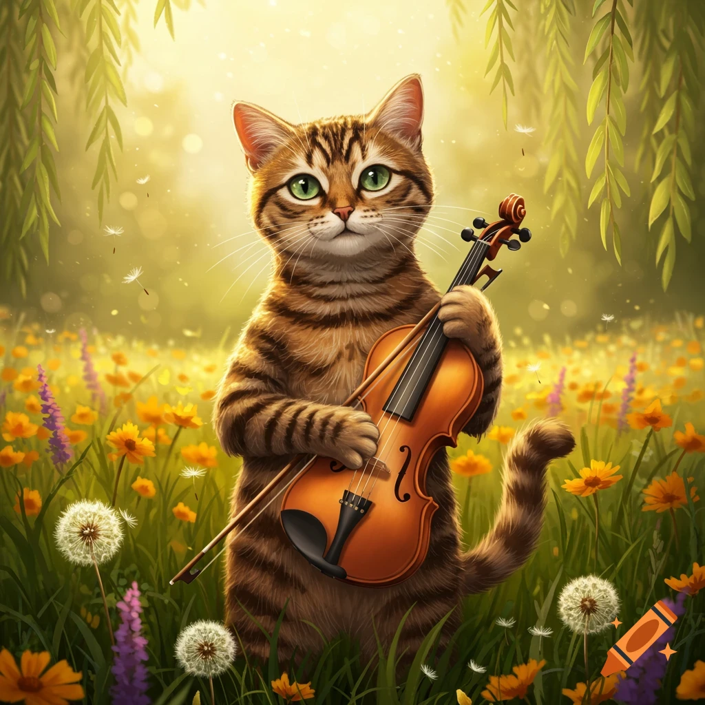 A fluffy tabby cat with green eyes holds a violin and bow in a sunlit field of yellow and purple wildflowers under willow branches.