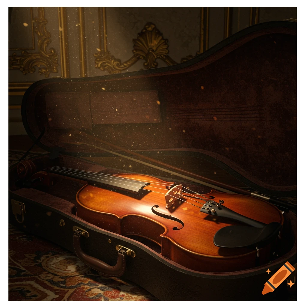 A detailed violin and bow rest in an open velvet-lined case, bathed in golden light within an ornate room.