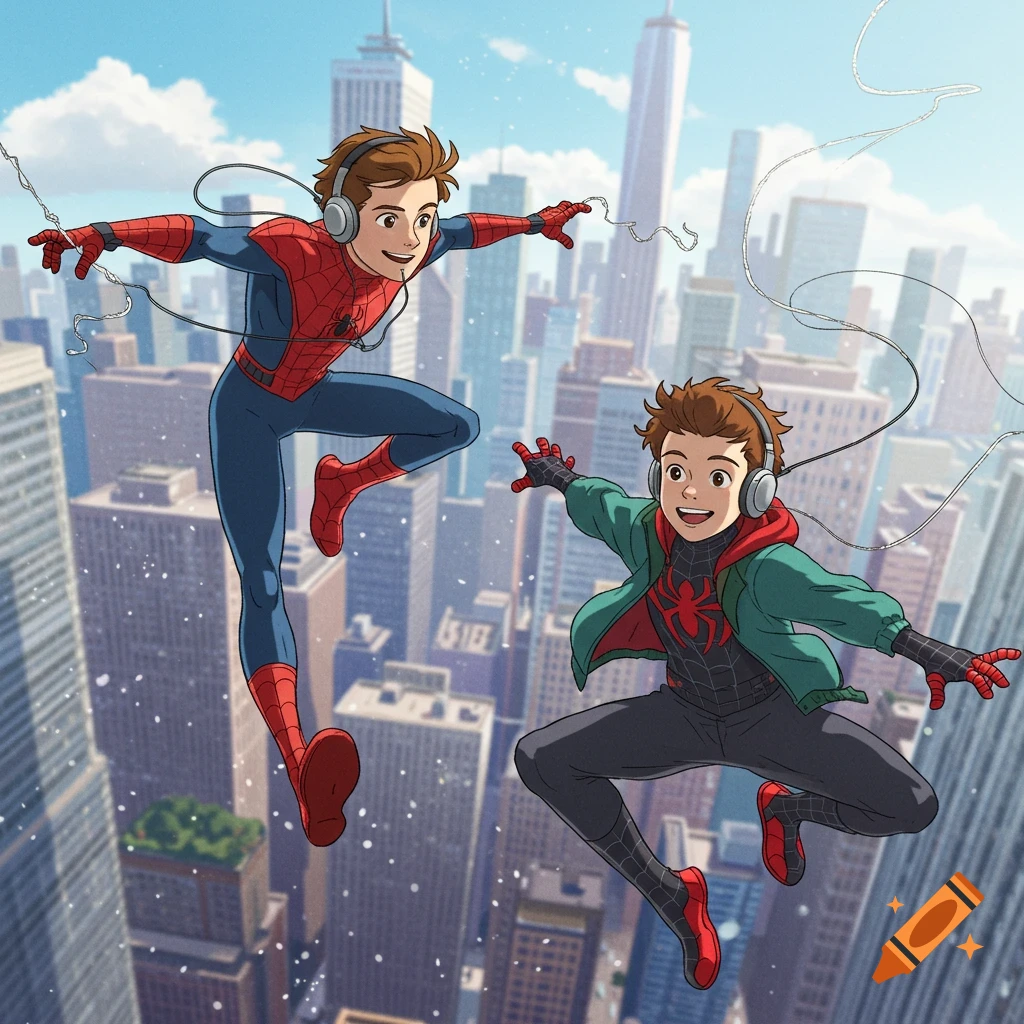 Two Spider-Men, Peter Parker and Miles Morales, swing through a city wearing headphones in a vibrant anime style.