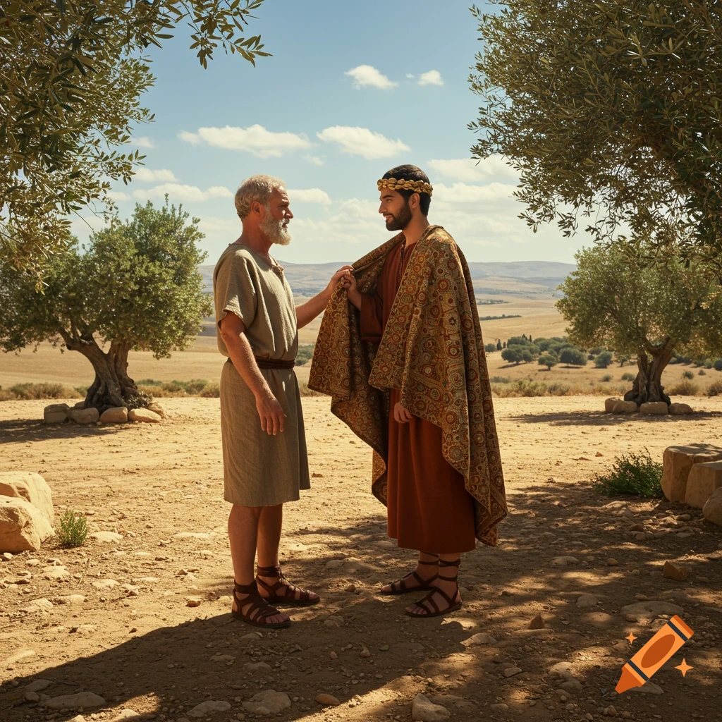 Two men in ancient robes, one older and one younger with a crown, stand in a sunny, dry landscape with olive trees. Photorealistic.