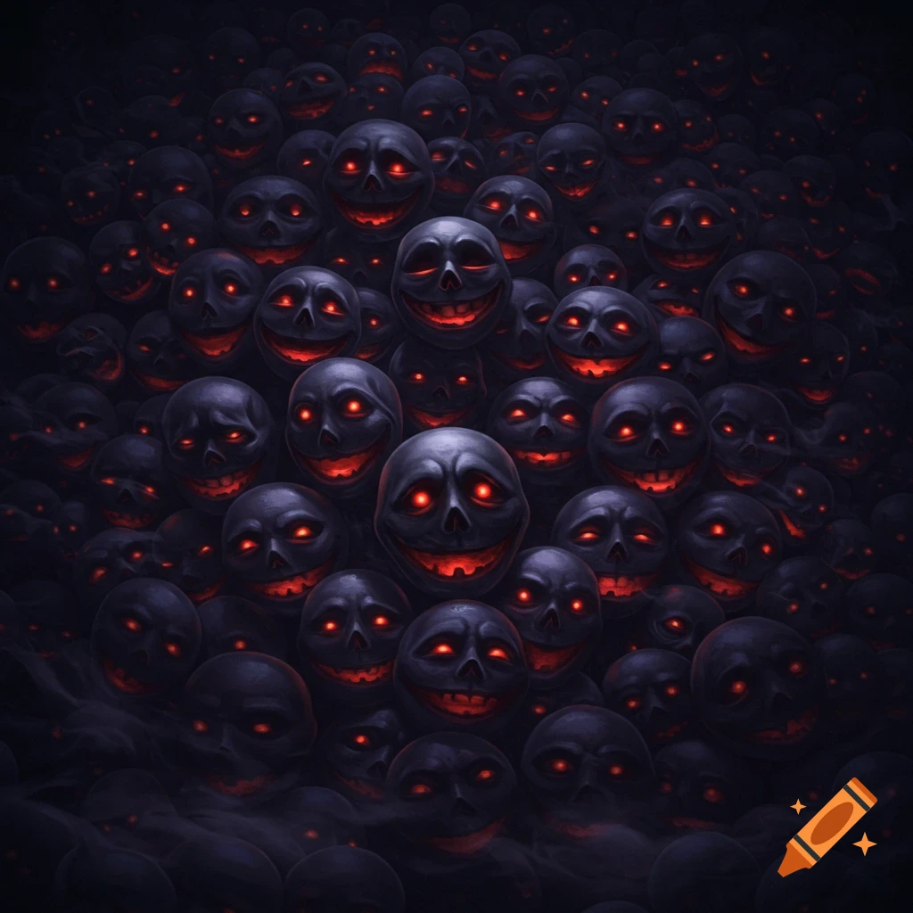 A vast crowd of dark, creepy, smiling faces with glowing red eyes and mouths in deep shadow, resembling skulls or jack-o'-lanterns.