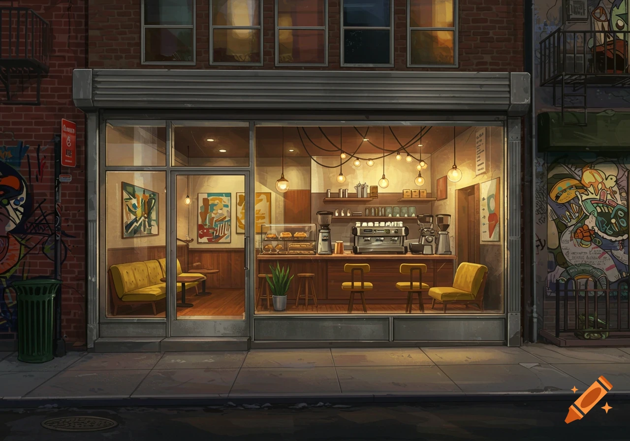 A detailed illustration of a retro-modernist coffee shop facade and interior at dusk, with street art and brick buildings.