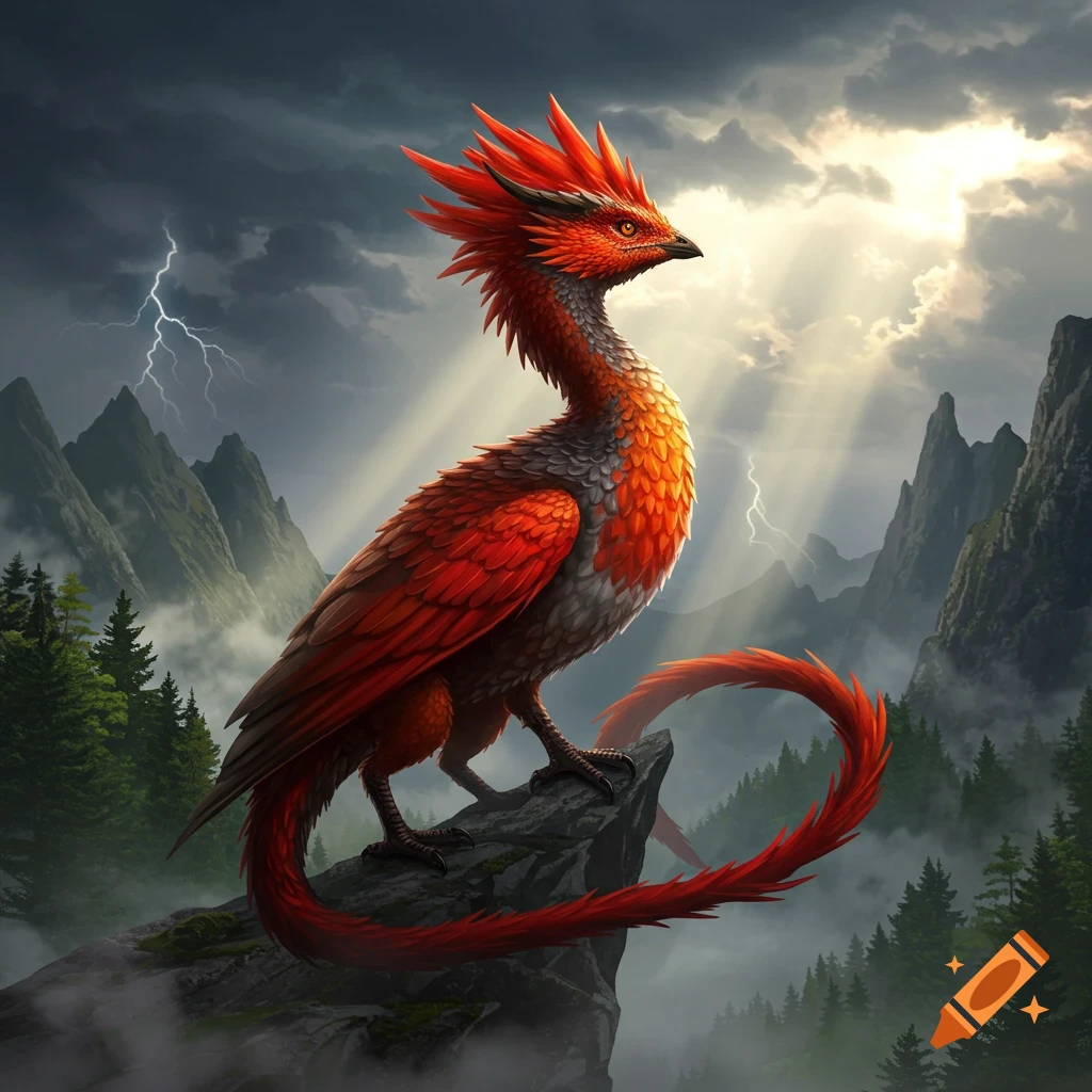 A vibrant red and grey feathered bird-like creature stands on a rocky cliff in a stormy, mountainous landscape with lightning.
