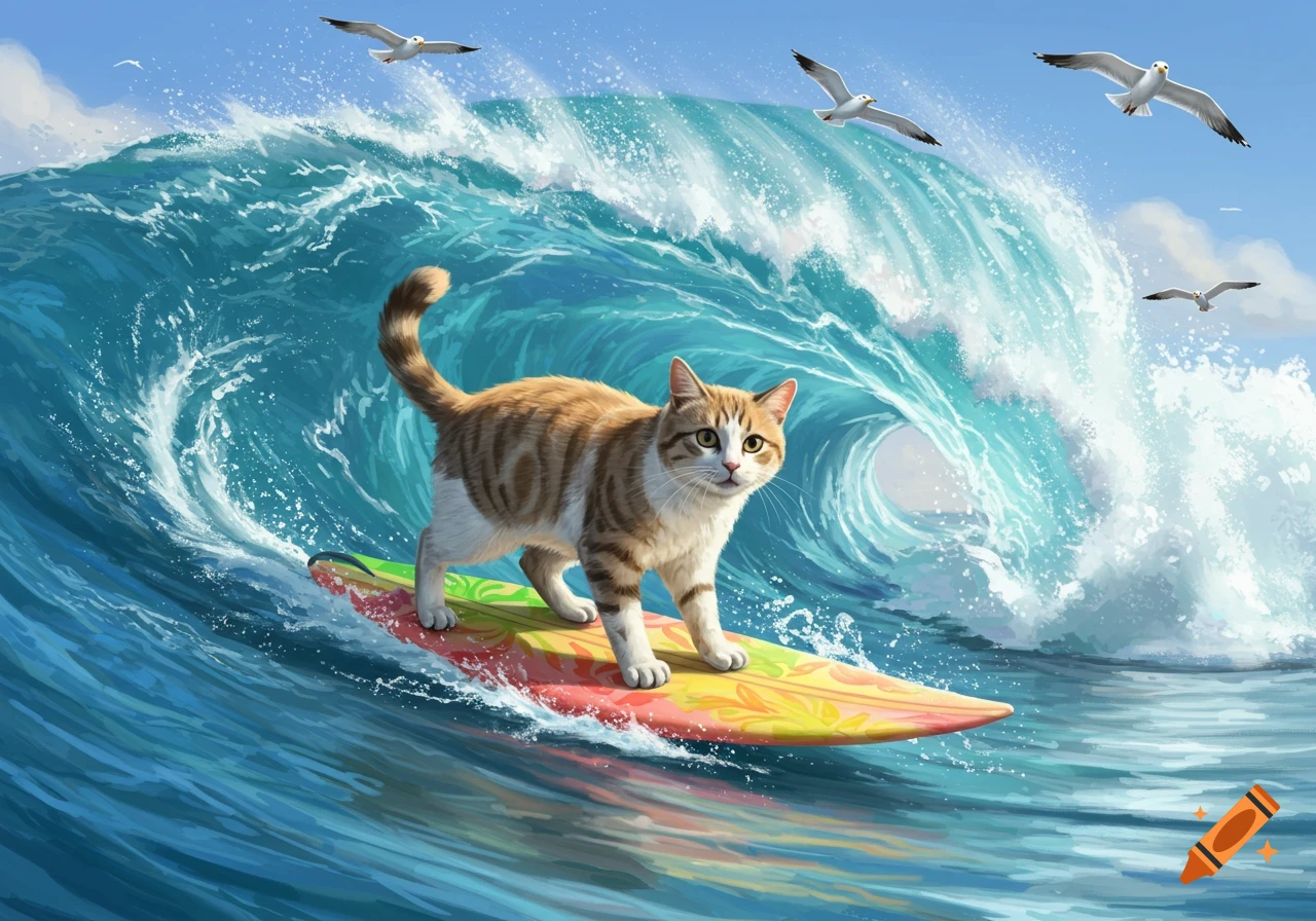 An illustrated ginger and white cat surfs a large blue ocean wave, with seagulls flying under a clear sky.