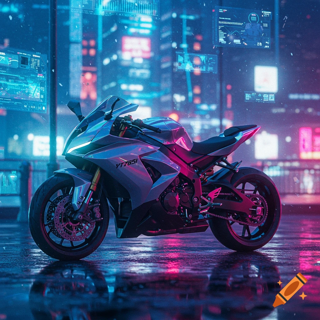 Sleek futuristic motorcycle on a wet street in a neon-lit cyberpunk city with holographic displays.
