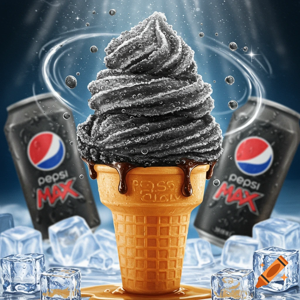 A black ice cream scoop with condensation and chocolate drizzle in a waffle cone, surrounded by ice cubes and two blurry Pepsi Max cans.