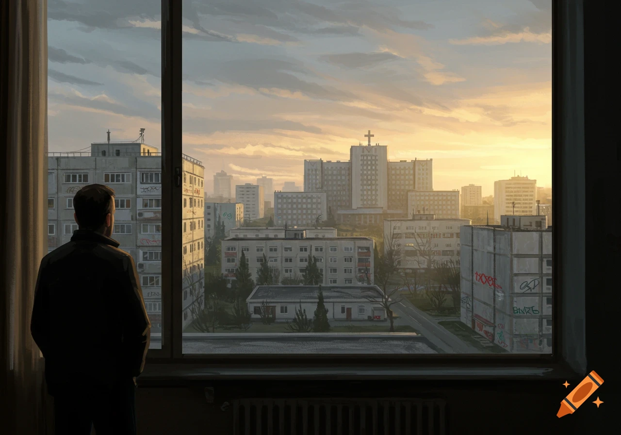 A man stares out a window at a sprawling, gloomy soviet-style cityscape under a pastel sky, digital art.