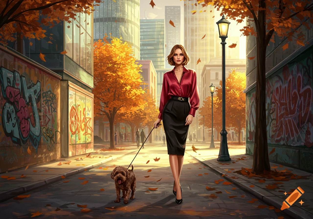 A stylish woman in a red shirt and black skirt walks a small brown dog on a leash down an autumn city street, surrounded by golden trees and buildings.