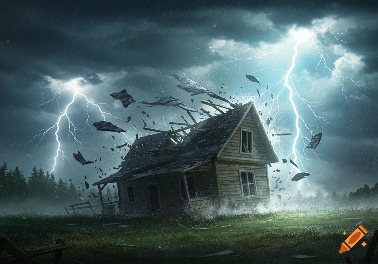 A photorealistic image of a wooden house being destroyed by a severe lightning storm with heavy rain and debris flying.
