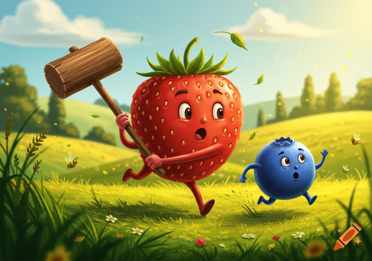 A cartoon anthropomorphic strawberry with a wooden mallet chases a smaller anthropomorphic blueberry through a sunny green field.