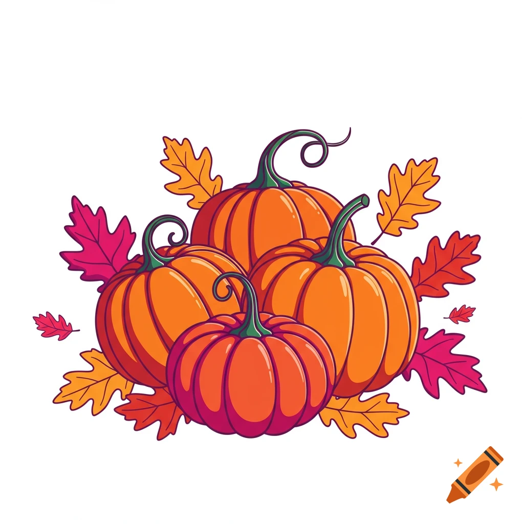 Vector illustration of four orange pumpkins nestled among colorful autumn leaves on a white background.