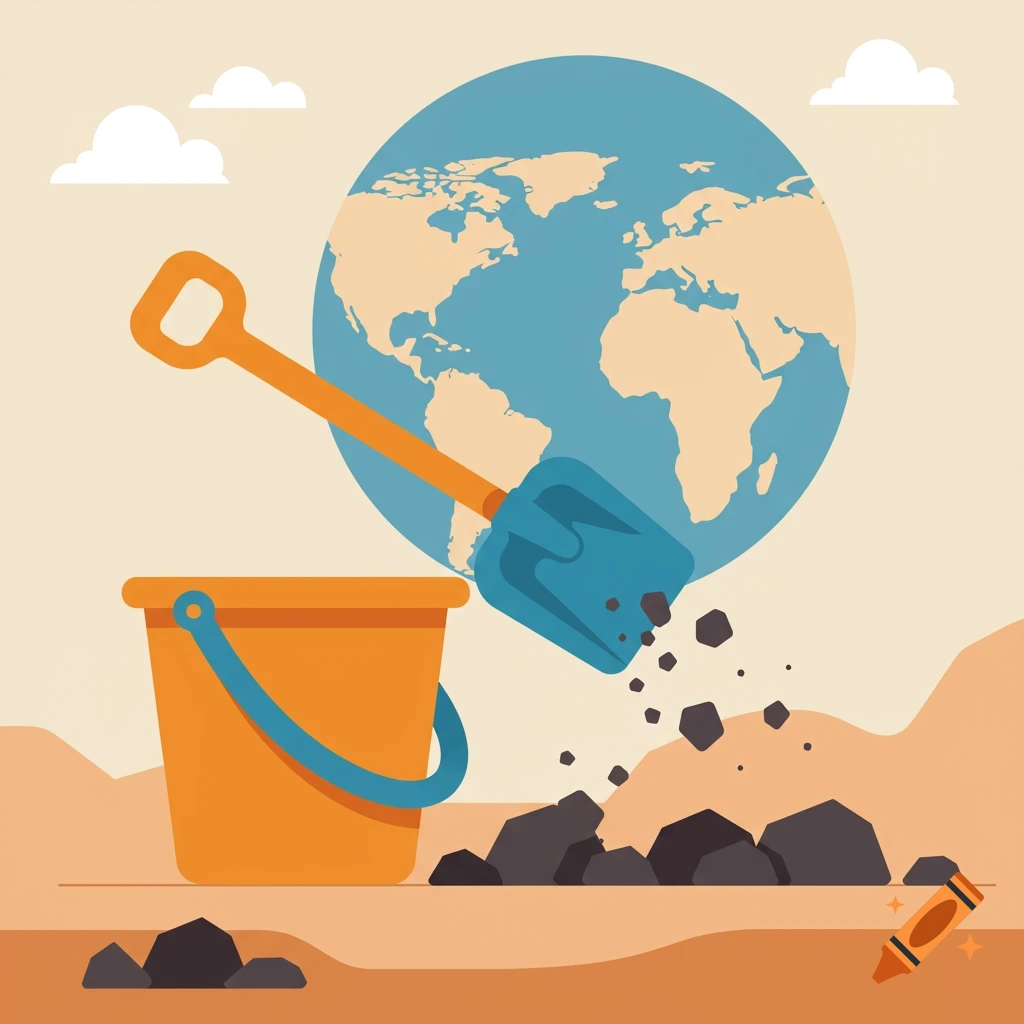 Stylized illustration of a shovel digging rocks from the ground next to a bucket, with planet Earth in the background.