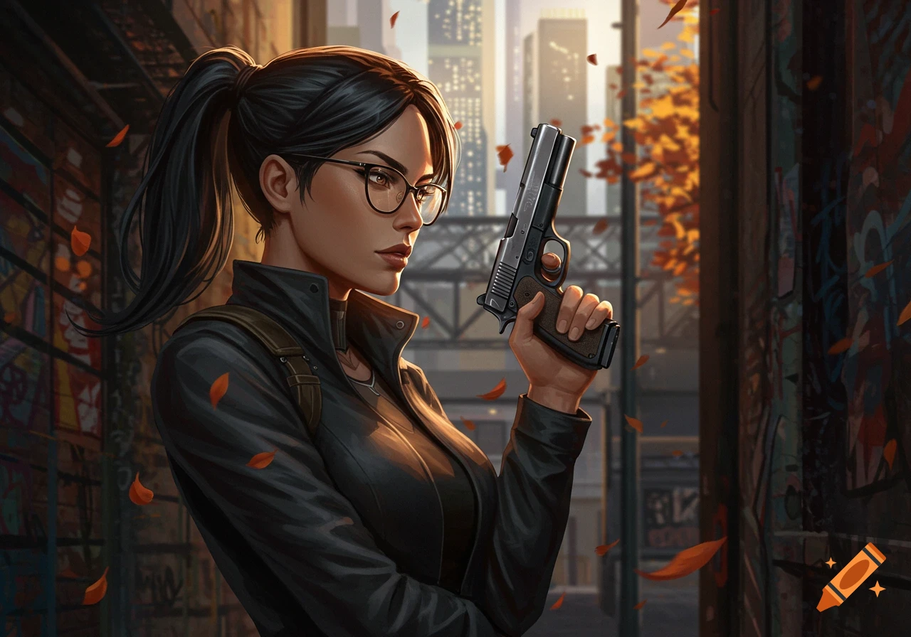 A stylish woman with a ponytail, glasses, and black jacket holds a pistol in a detailed urban alleyway, digital art.