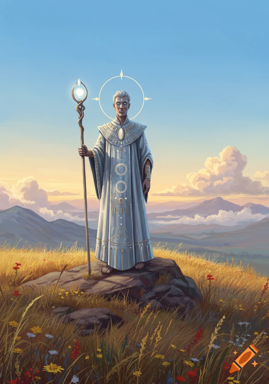 A robed figure with a glowing staff and halo stands on a rock in a sunny field with mountains, painted fantasy art.