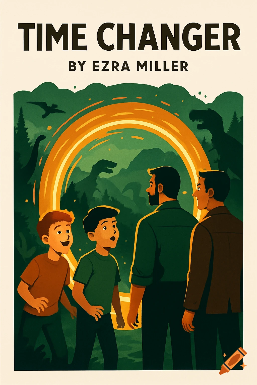 Book cover: 'Time Changer by Ezra Miller' shows two men and two boys observing a glowing portal revealing dinosaurs in a forest, stylized.