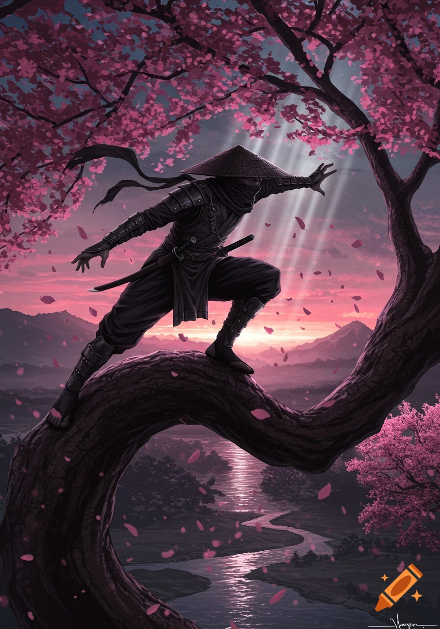 Stylized illustration of a ninja on a cherry blossom tree at sunset, overlooking a misty mountain and river landscape.