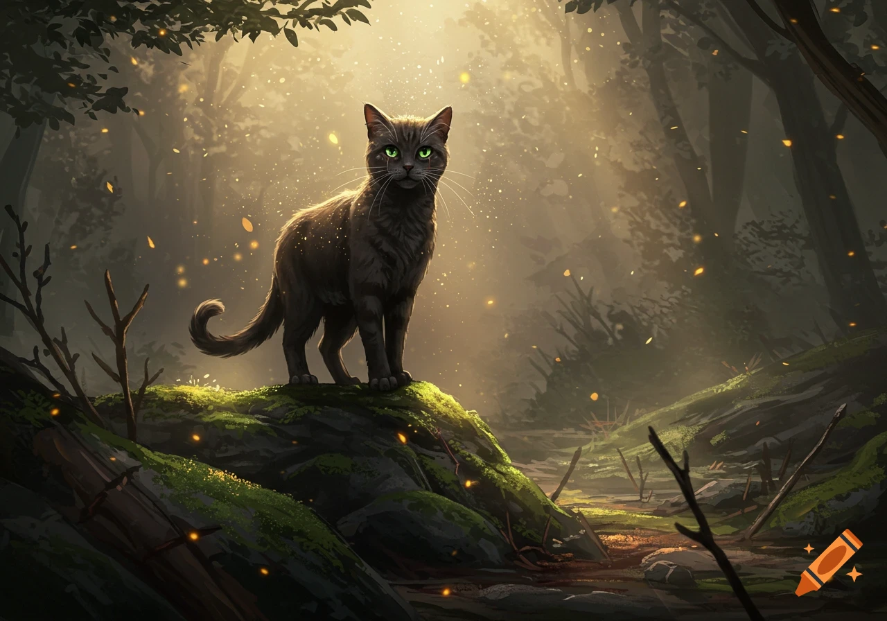 A black cat with glowing green eyes stands on a mossy rock in a sun-dappled, misty forest, with golden particles floating around.