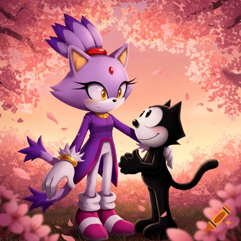 Blaze the Cat and Felix the Cat look at each other in a field of cherry blossoms under a sunset sky. Blaze gently touches Felix's chest.