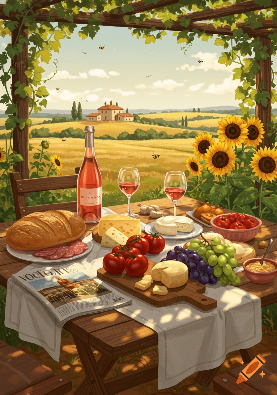 Vibrant illustration of a rustic picnic table laden with food and wine, set amidst sunflowers in a sunny Italian countryside with a distant villa.