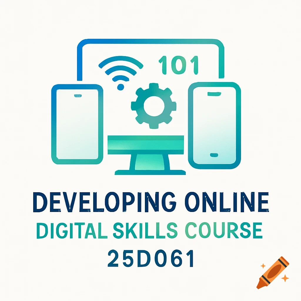 Logo for 'Developing Online Digital Skills Course' with a monitor, smartphones, wifi, and gear icons in blue and green.