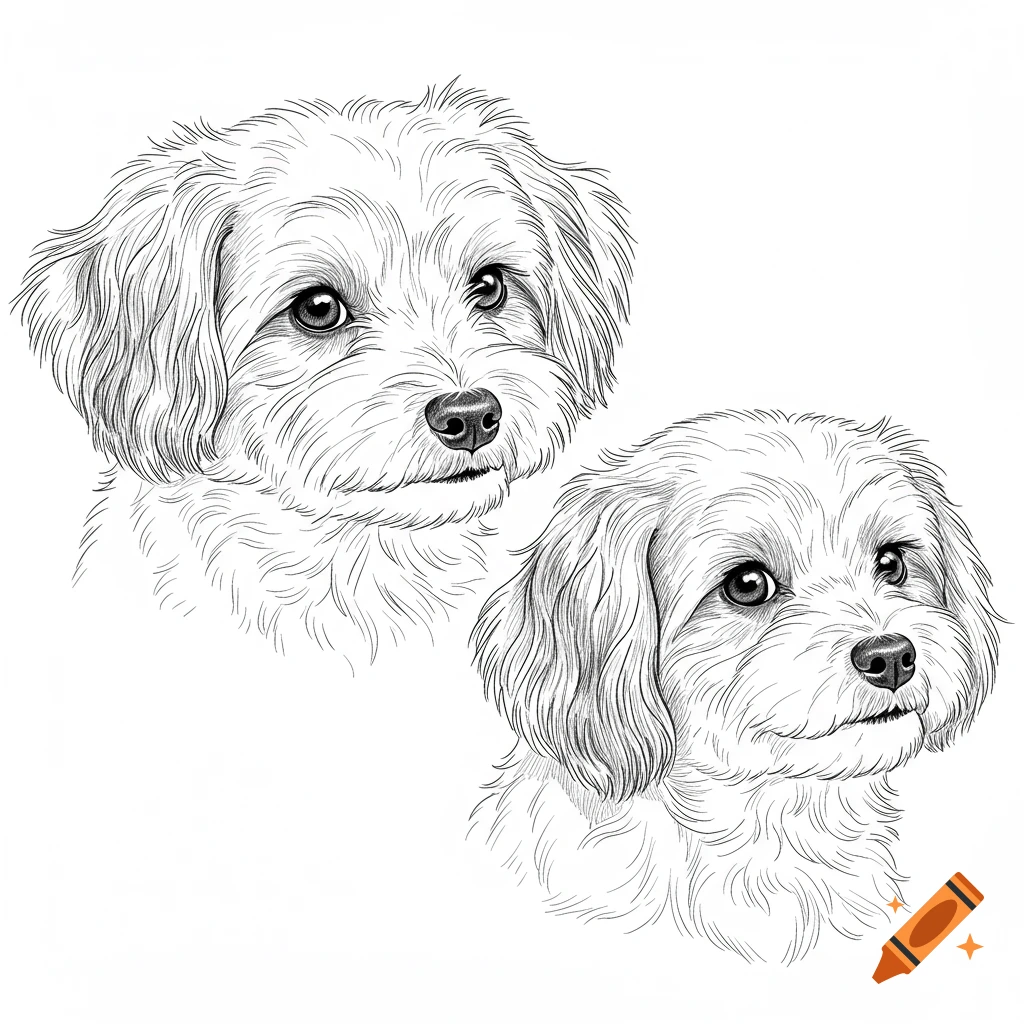 Two black and white outline drawings of Havanese dog faces, one looking forward and the other slightly to the side.
