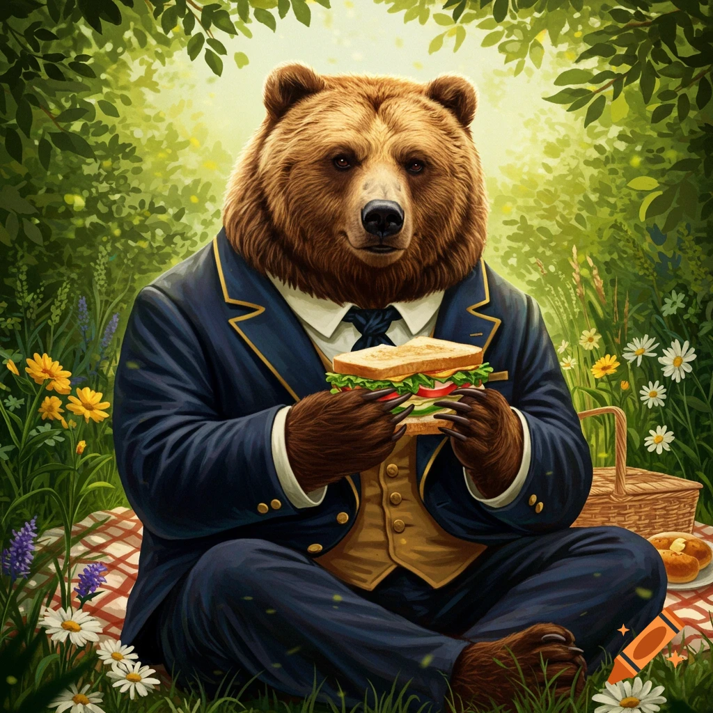 A refined bear in a navy suit and gold vest sits on a picnic blanket in a forest, holding a sandwich.