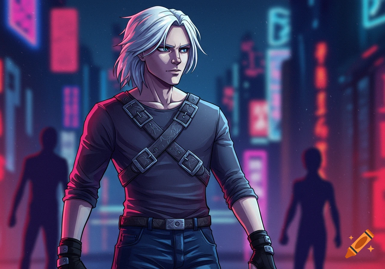 An anime-style young man with white hair and blue eyes, wearing a dark shirt with straps, stands in a neon-lit city street at night.